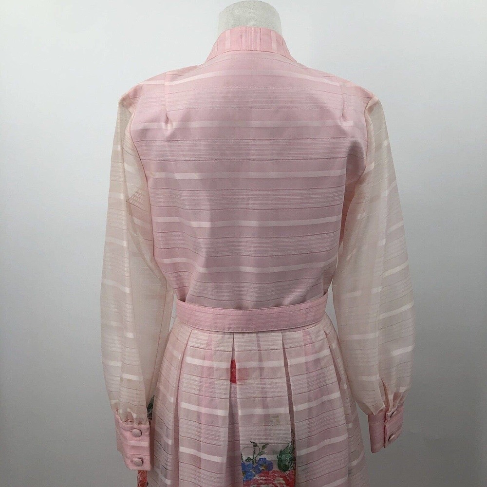 Vintage 60s Pink Stripe Floral Maxi Dress Roses Sheer Layered Mad Men Belted SzS - Picture 5 of 12